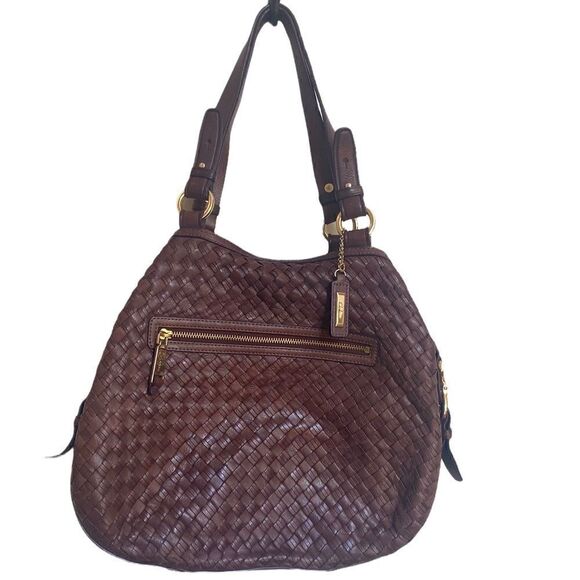 Cole Haan Genevieve Woven Leather Hobo Bag Brown Brass Hardware Shoulder Purse - Picture 2 of 9